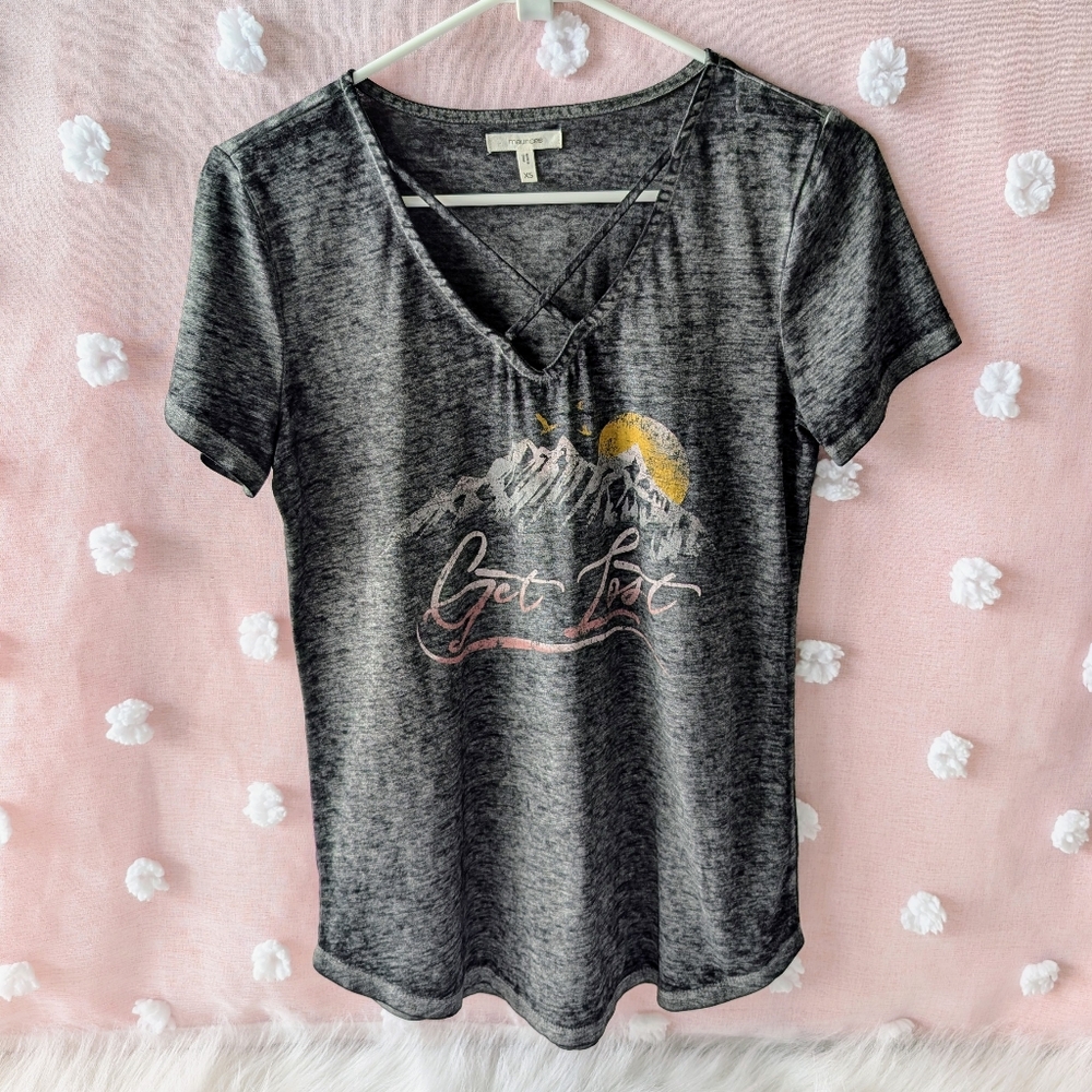 Maurices, Get Lost Tee, Criss Cross V Neck, Grey Multi, Women's X-Small